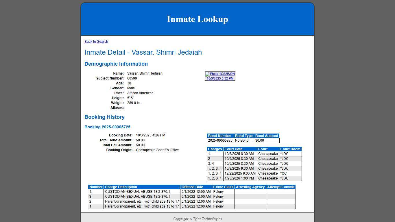 Inmate Detail - Vassar, Shimri Jedaiah