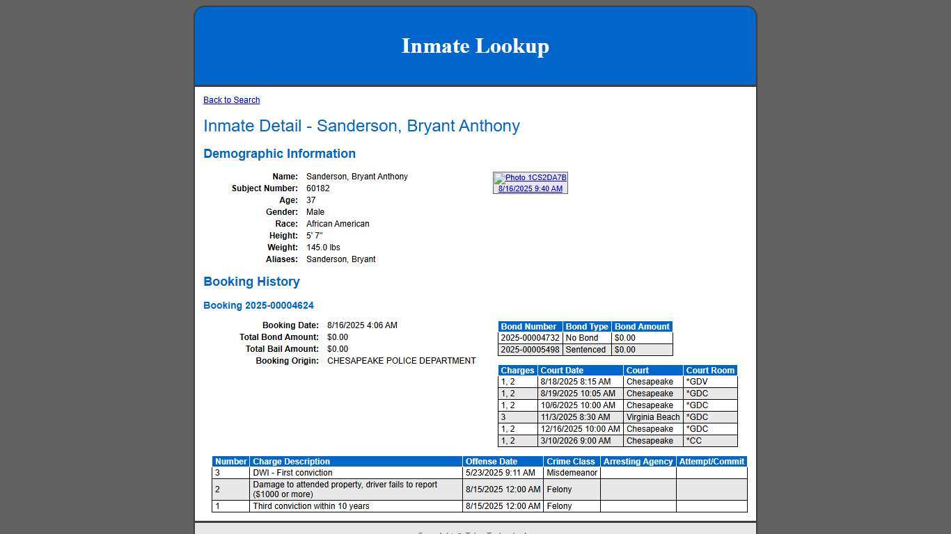 Inmate Detail - Sanderson, Bryant Anthony