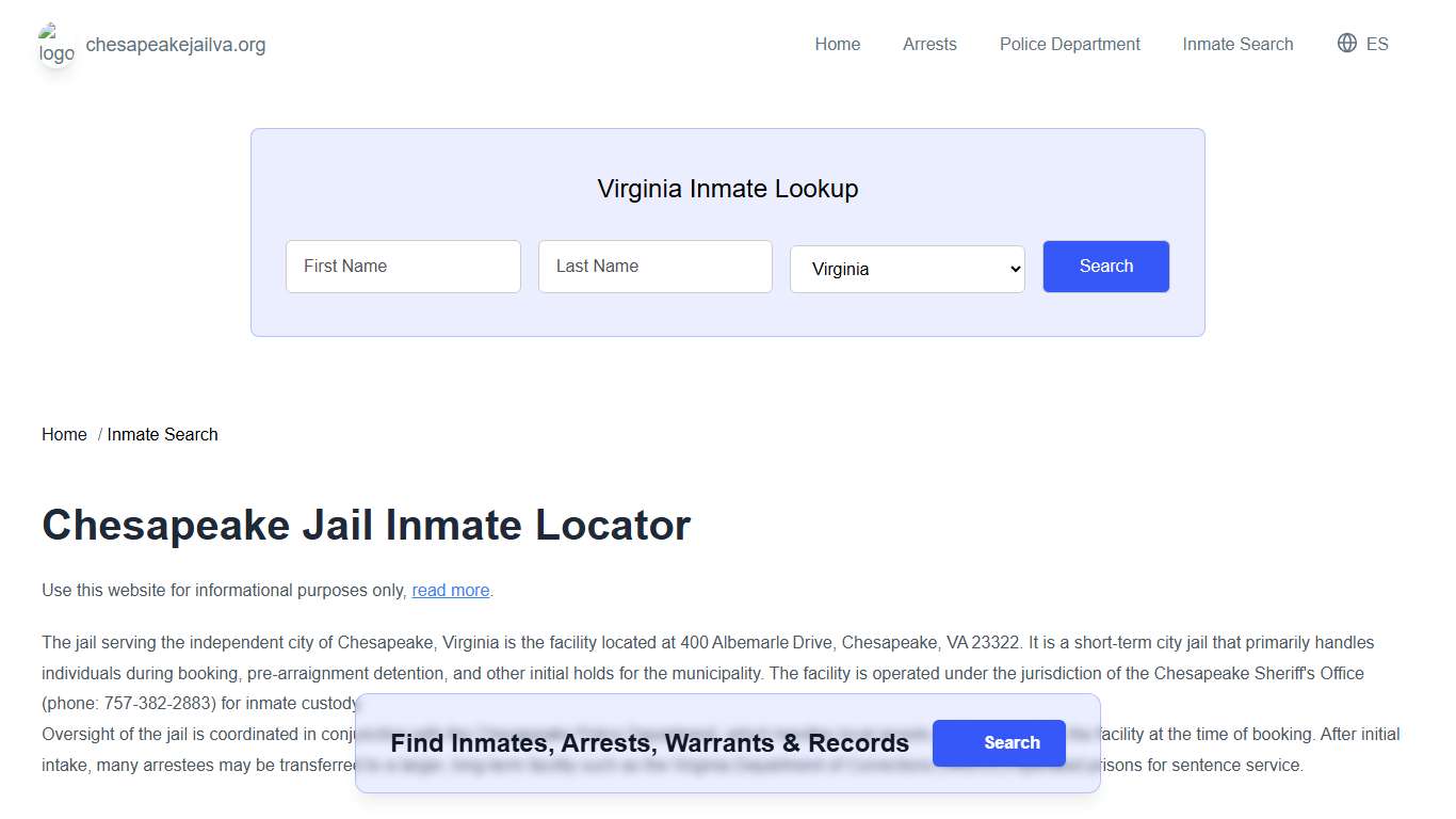 Chesapeake, VA Municipal Jail Inmate Search