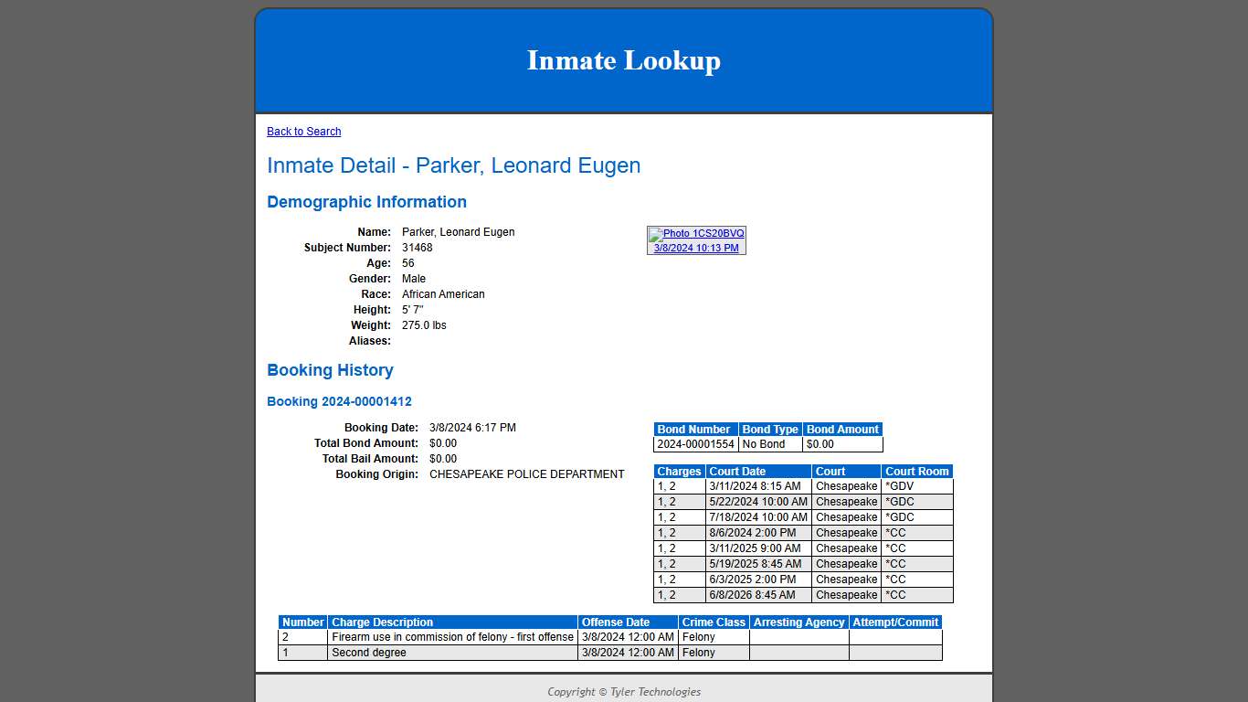 Inmate Detail - Parker, Leonard Eugen