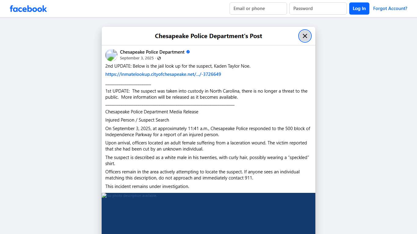 2nd UPDATE: Below is the... - Chesapeake Police Department | Facebook